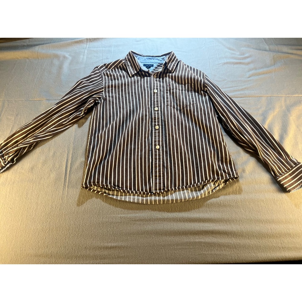 Tommy Hilfiger Boys Brown White Striped Button Down Shirt L 12-14